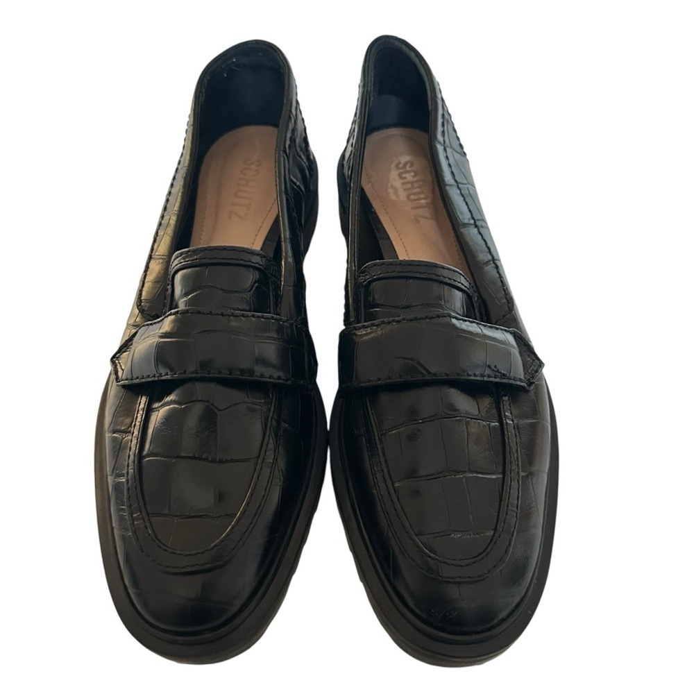 SCHUTZ Black Croc-Embossed Leather Penny Loafers - Picture 3 of 11